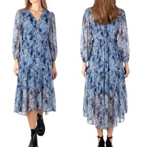 NWT JOIE Parisian Paisley Blue Chiffon Balloon Sleeve Tiered Maxi Dress - M